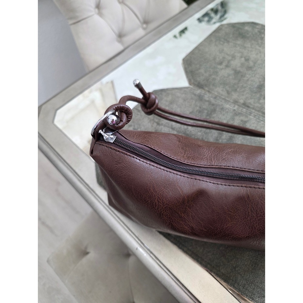 Brown Faux Leather Shoulder Bag Hobo Style Knot Detail Top Zip Closure - Picture 7 of 8